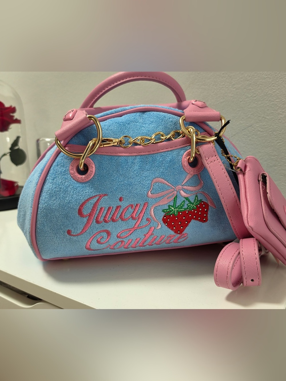 Juicy Couture Strawberry Blue Pink Bow Satchel Crossbody Bag NWT Charm